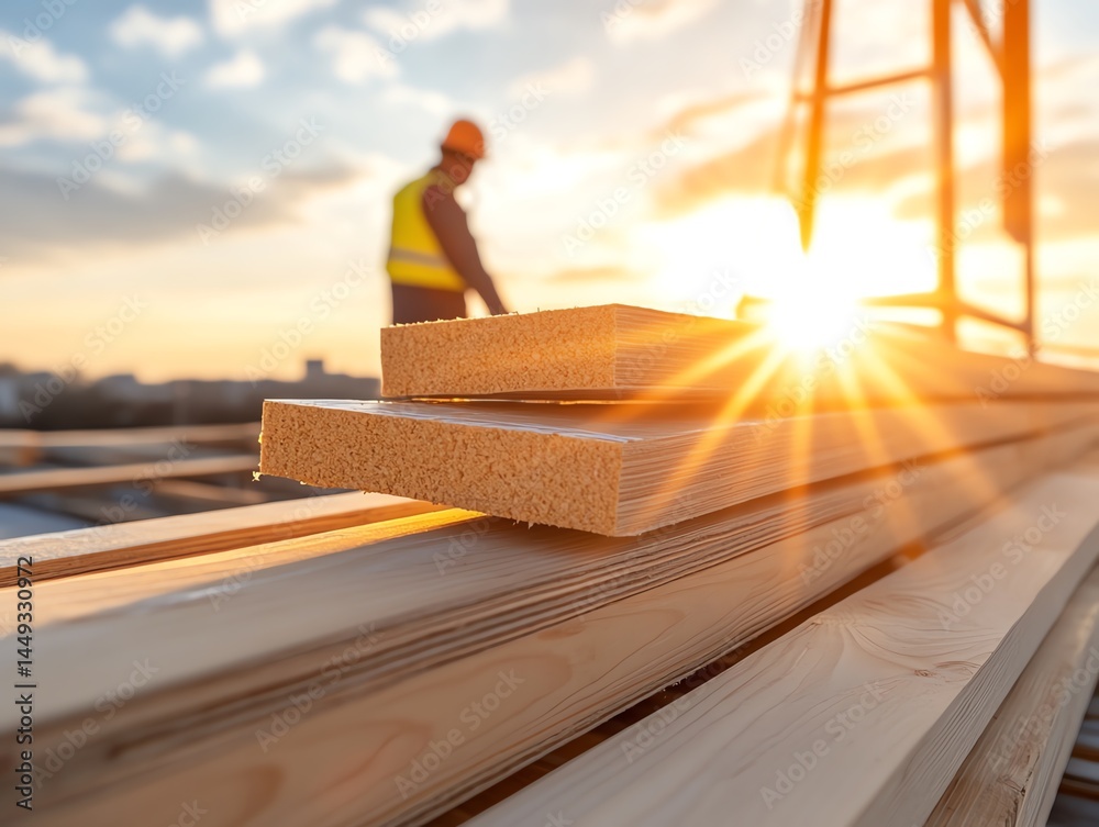 Adhesive tape securing insulation layers on a rooftop under bright sunlight