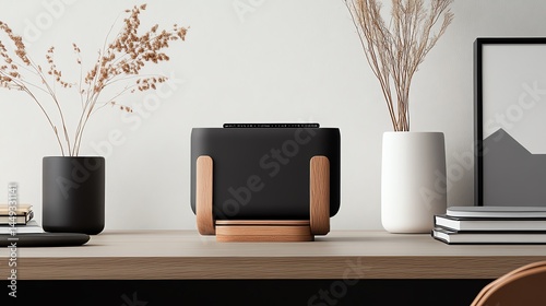 An ecofriendly tape dispenser on a desk, surrounded by minimalistic decor