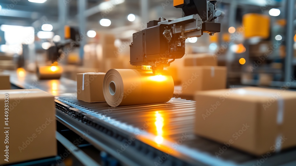 An industrial dispenser unwinding tape onto a conveyor belt