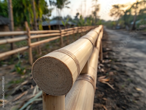 Biodegradable tape binding bamboo structures in a sustainable garden
