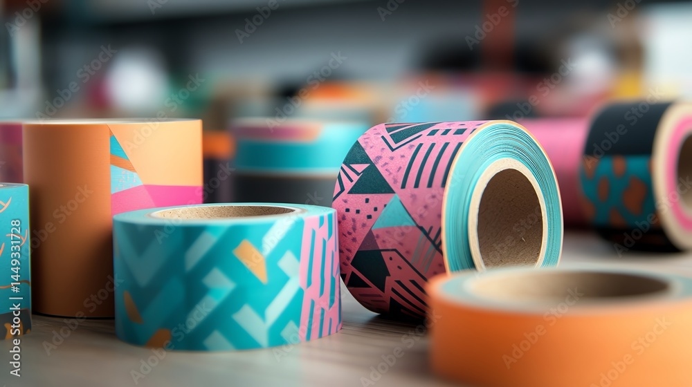 Brightly patterned washi tape creating intricate patterns on a craft project