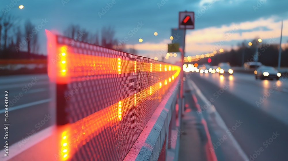 Closeup of reflective tape being adhered to a road barrier at night