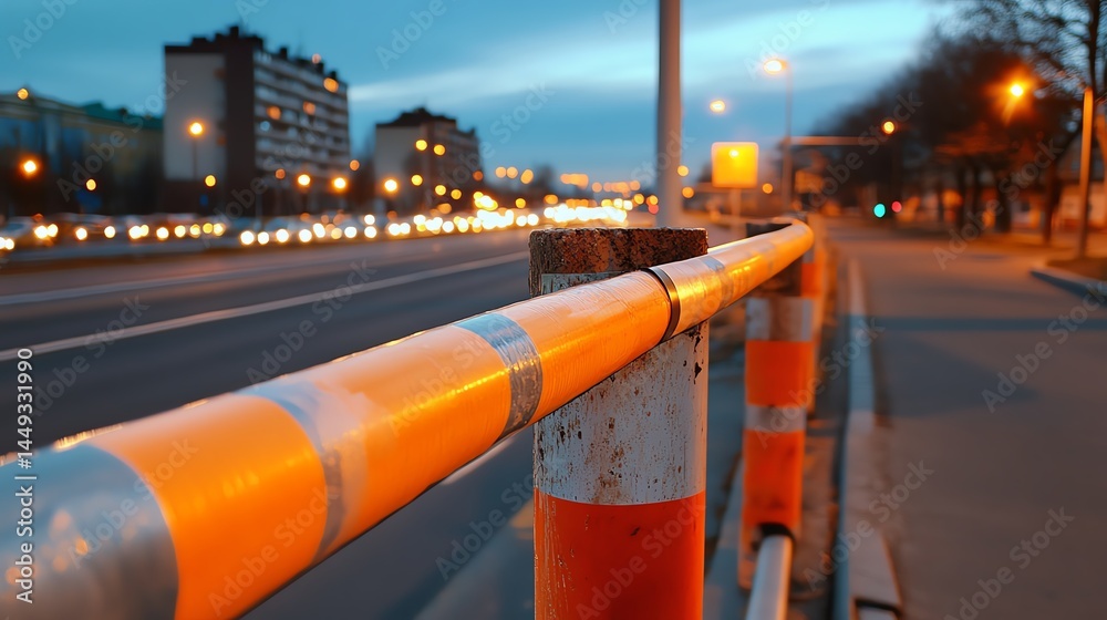Closeup of reflective tape being adhered to a road barrier at night