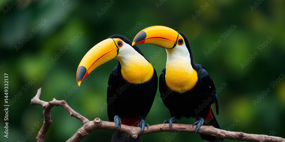 Naklejka premium two toucans perched on a twisted branch against a blurred green background 