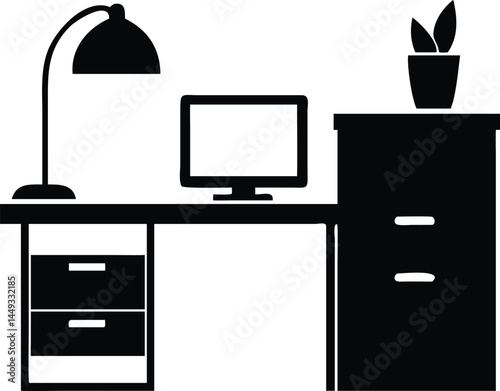Minimalist black computer desk setup features a monitor, lamp, potted plant and drawers