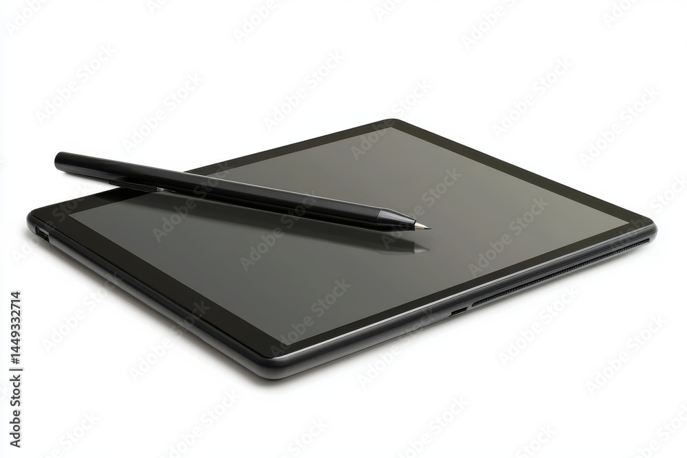 A digital drawing tablet with a stylus, front angle, isolated on a white background A digital drawing tablet with a stylus, front angle, isolated on a white background