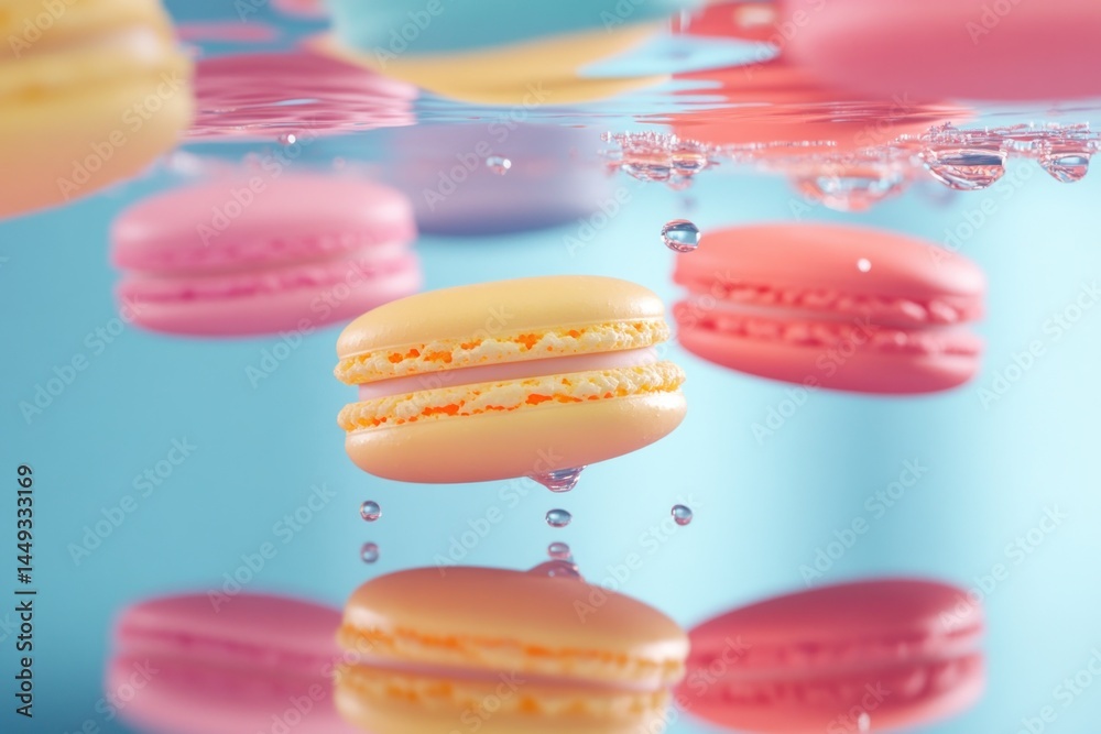 Obraz premium Close-focus lens moving between bright macarons, reflection below