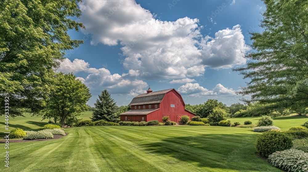 Fototapeta premium Red Barn, Lush Landscape, Summer Day
