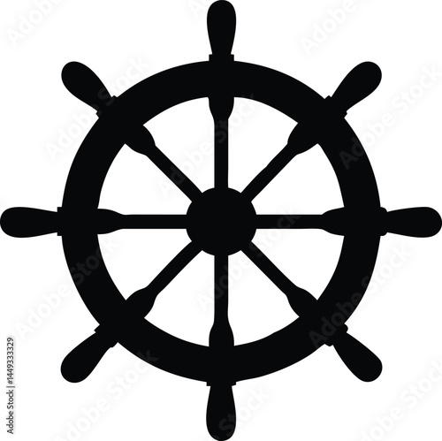 Nautical wheel silhouette featuring handles and spoke detailing is presented against a white background