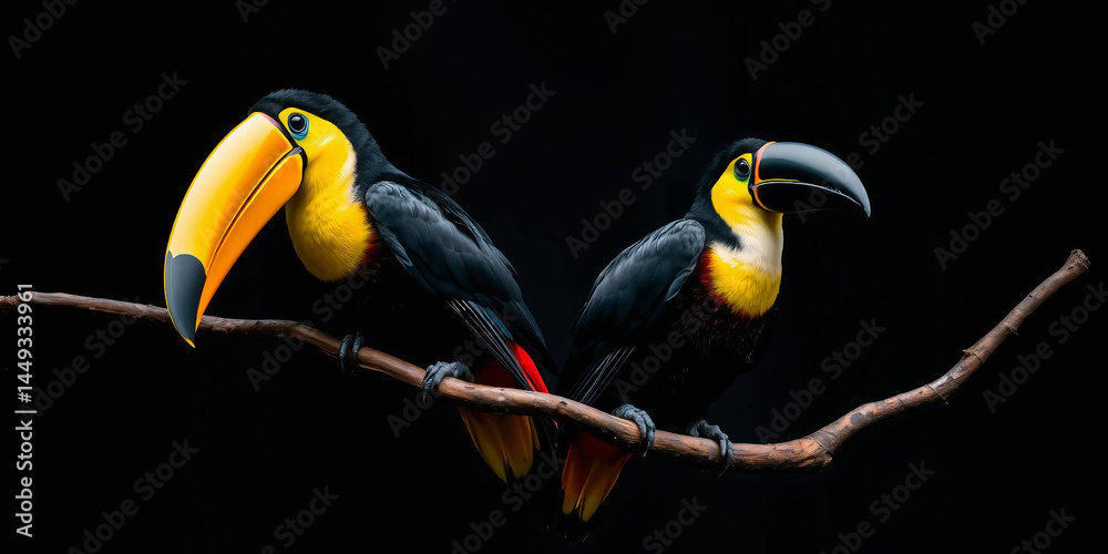 Fototapeta premium two toucans perched on a twisted branch against a blurred green background 