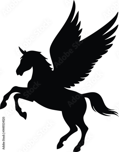 Pegasus with majestic wings rearing up is displayed in silhouette on a plain background