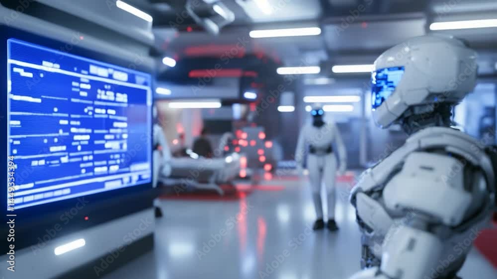 Futuristic robots interacting with digital displays in a high-tech lab Futuristic robots interacting with digital displays in a high-tech lab
