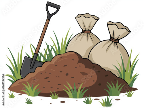 Pile of soil with gardening tools isolated vector illustration on white background