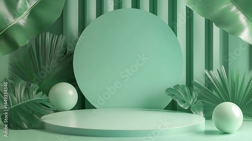 Mint Green Round Platform, Spheres, Monstera Leaves and Palm Fronds Backdrop Decor