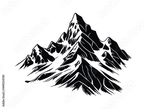  Mountain Silhouette,  A powerful, stylized silhouette of a mountain range.Majestic Mountain Silhouette Against a white Background, silhouette, graphic, illustration, vector, snow peaks, rock face, al