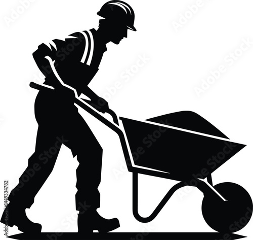 Construction Worker Pushing a Wheelbarrow silhouette Vector Illustration isolated on a white background