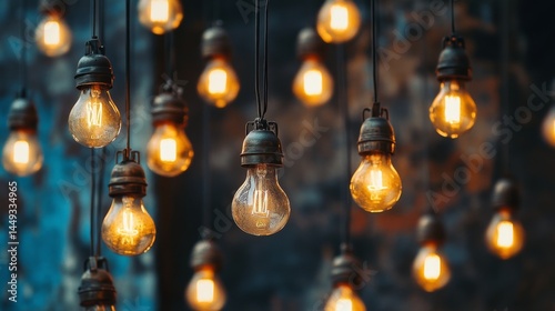 Close up shot of many lit incandescent light bulbs hanging in front of a blurry background