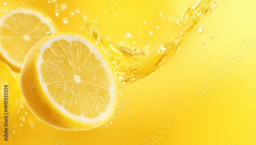 Fresh Lemon Slices Splashing in Clear Water Against Bright Yellow Background