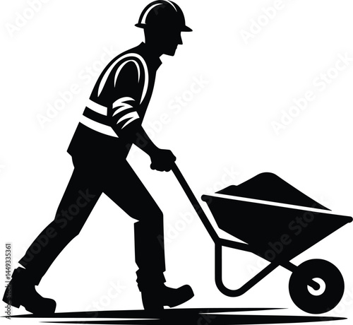 Construction Worker Pushing a Wheelbarrow silhouette Vector Illustration isolated on a white background