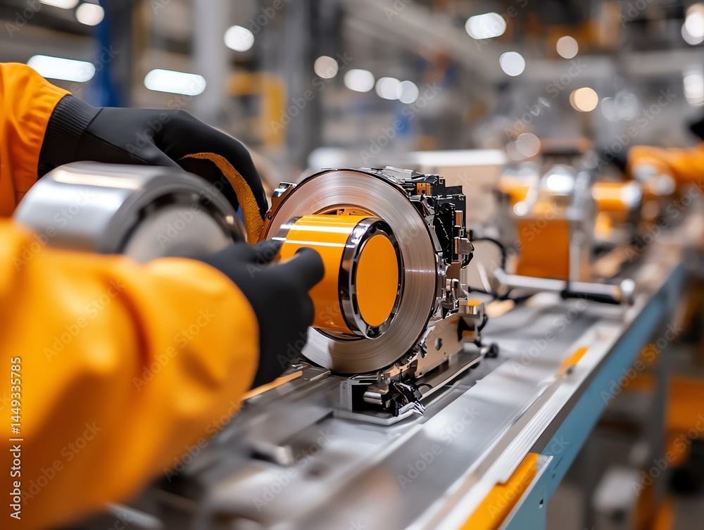 Tape being used to seal joints in a wind turbine assembly line
