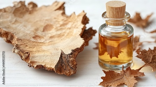 Natural oak extract beside textured tree bark and dried leaves on white background