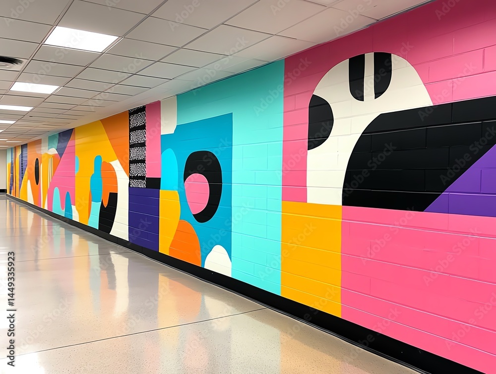 Tape creating a playful mural of animals on a school wall