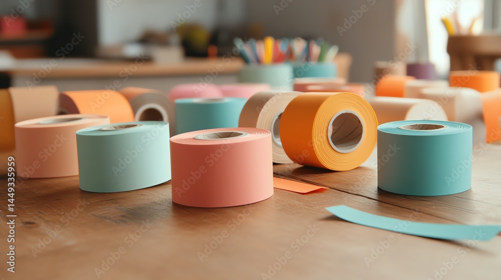 Tape creating loops and twists on a child s craft table