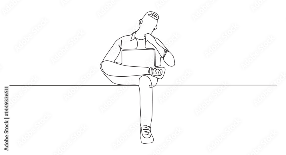 Fototapeta premium continuous one line art of a man sitting alone in front of a laptop. vector illustration