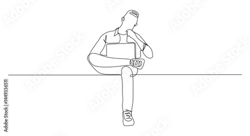 continuous one line art of a man sitting alone in front of a laptop. vector illustration