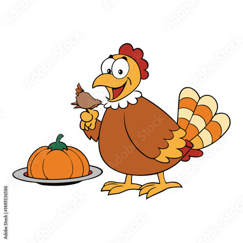 A plump turkey joyfully munches on a slice of pumpkin pie, crumbs on its beak and feathers fluffed, savoring the sweet treat in a cozy, festive autumn setting.

