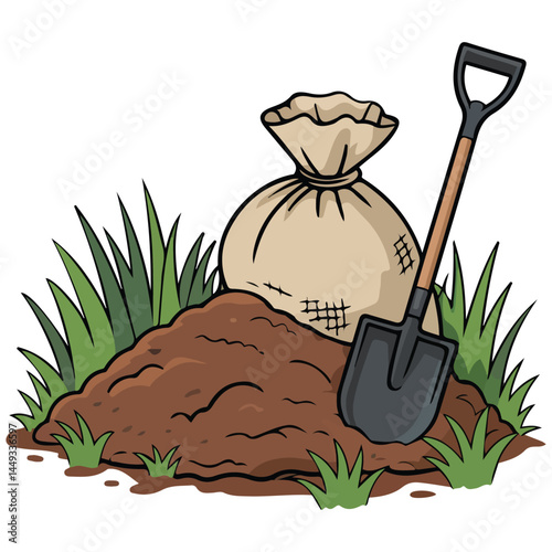 Heap of compost with shovel isolated vector illustration on white background