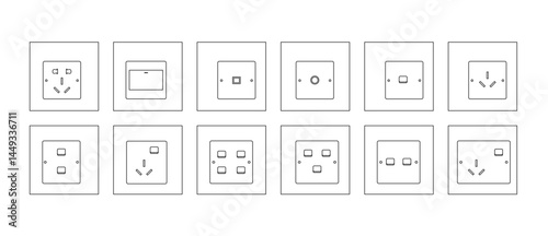 Icon pack featuring illustrations of light switches (saklar) and electrical plugs. Ideal for electrical design projects, home renovation apps, or digital platforms in need of clear, modern electrical 