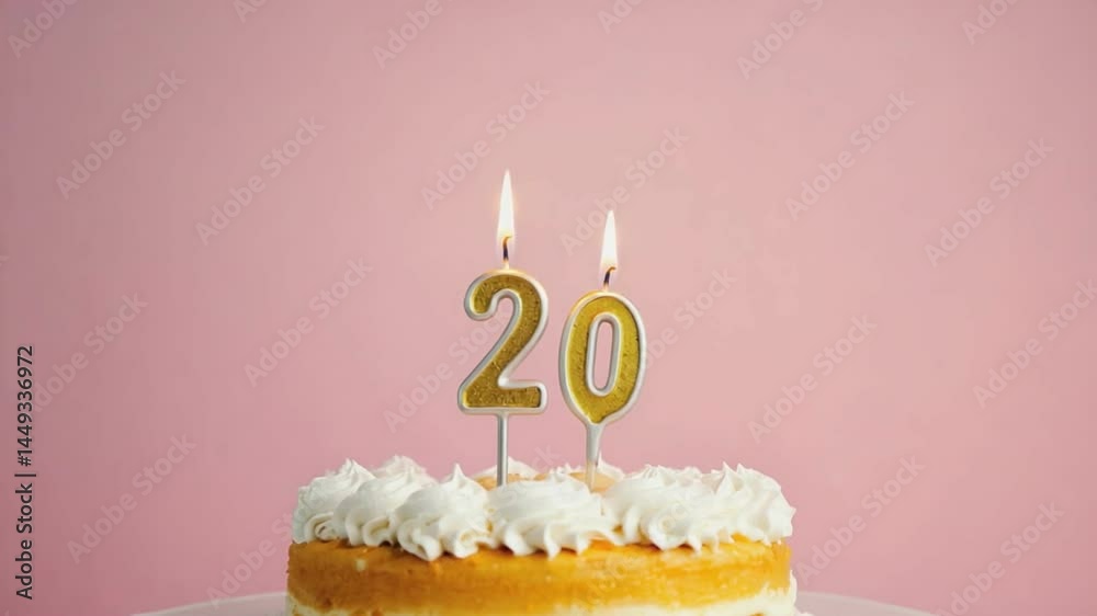 Birthday Cake with 20 Candles: A delicious-looking birthday cake, adorned with two lit candles forming the number 20, sits on a stand against a soft pink background.