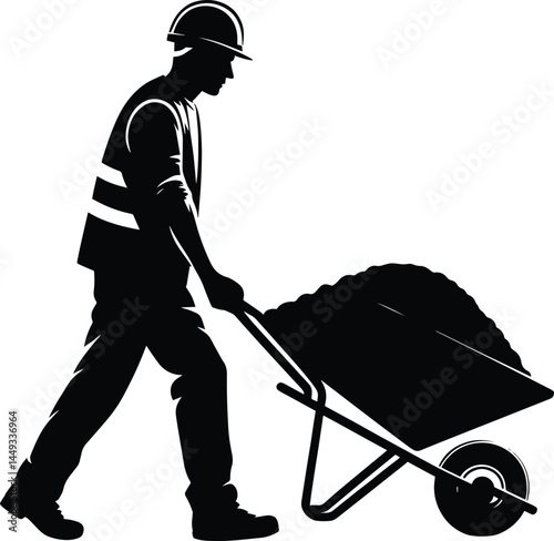 Construction Worker Pushing a Wheelbarrow silhouette Vector Illustration isolated on a white background