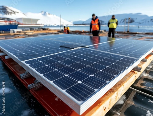 Obraz na płótnie Tape securing solar panels on a floating ecoisland w salonie
