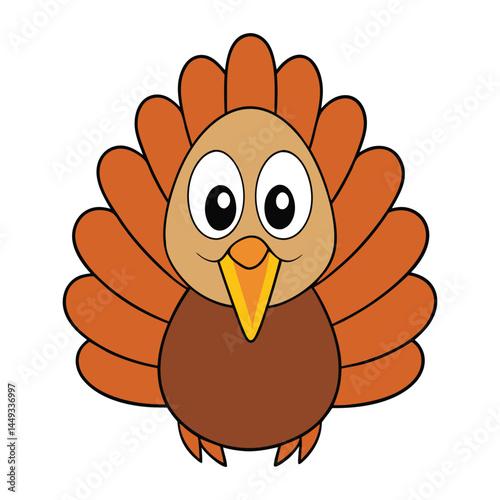 A cute cartoon turkey face with big, bright eyes, a small beak, and colorful feathers. The turkey's expression is cheerful, with a playful and friendly vibe.
