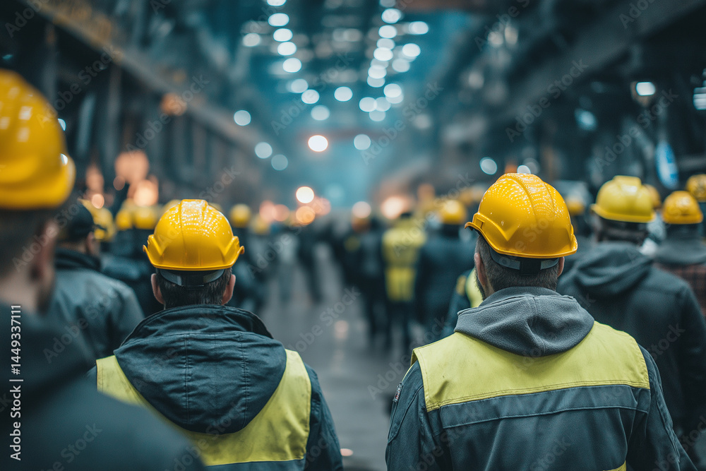 Photograph of a group of workers wearing high-visibility jackets and hard hats in a steel factory hall, standing with their backs to the camera and talking with another worker whil Photograph of a group of workers wearing high-visibility jackets and hard hats in a steel factory hall, standing with their backs to the camera and talking with another worker whil