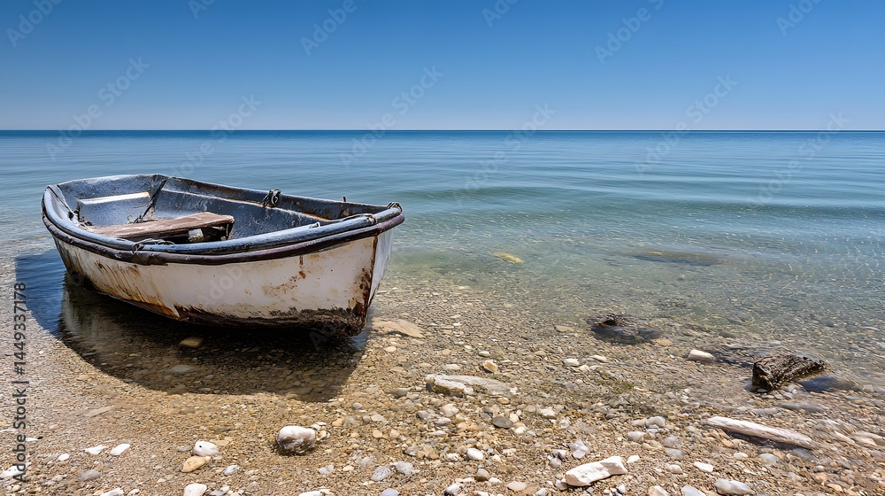 Obraz premium Old Wooden Rowboat on Pebbly Beach Seashore Summer