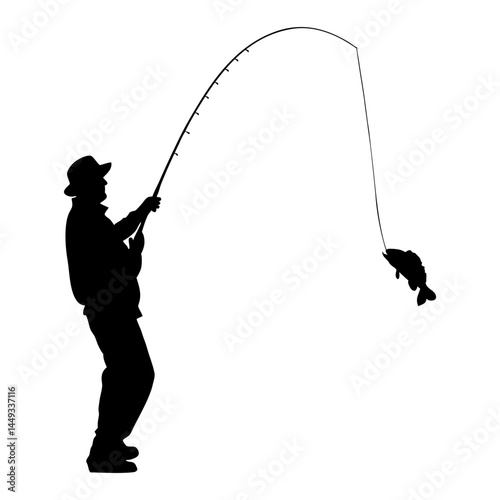 Silhouette of person reeling in a fish with a fishing rod