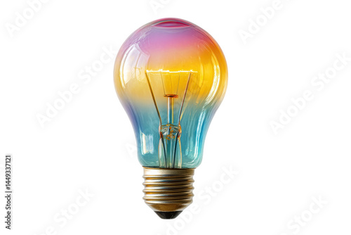 Colorful gradient light bulb with blue and orange hues on black background, cut out