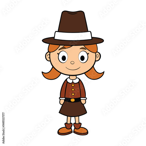 A cute girl wearing a festive hat, smiling warmly, surrounded by autumn leaves and pumpkins, capturing the cozy and thankful spirit of Thanksgiving.
