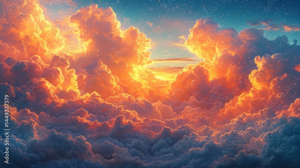 Fototapeta premium Fiery sunset cloudscape with vibrant hues.