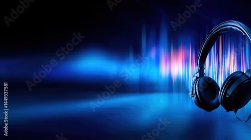 Headphones against a vibrant soundwave backdrop, illustrating music and audio technology