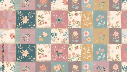 A repeating pattern of patchwork quilt designs in a soft, nostalgic pastel color scheme, featuring floral and geometric fabric squares