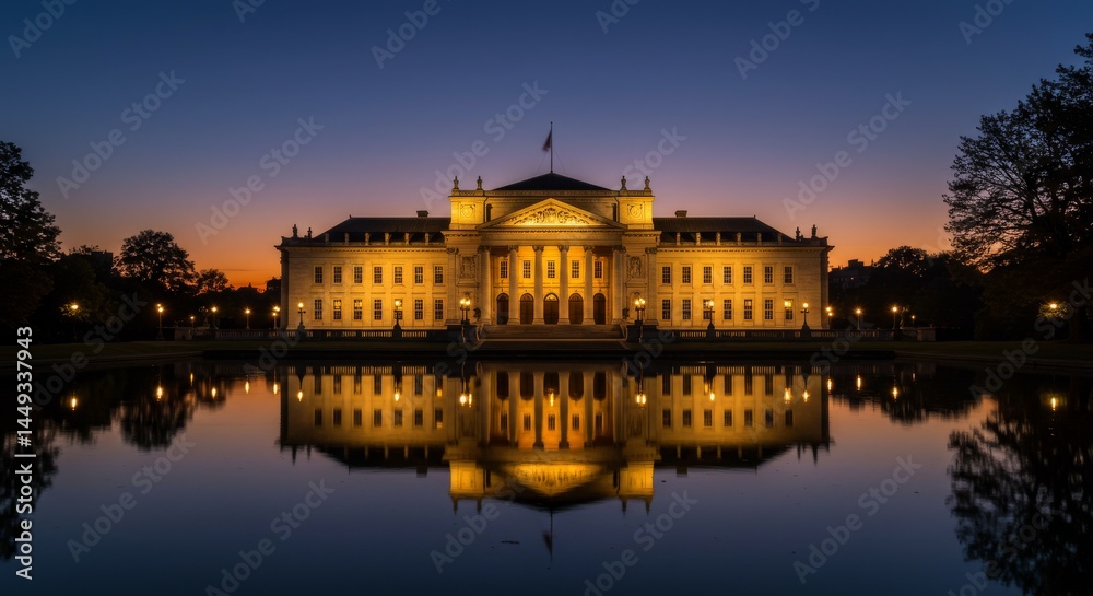 Obraz premium Majestic Palace at Dusk - A grand palace illuminated at twilight, reflecting beautifully in a calm body of water. Serene and majestic