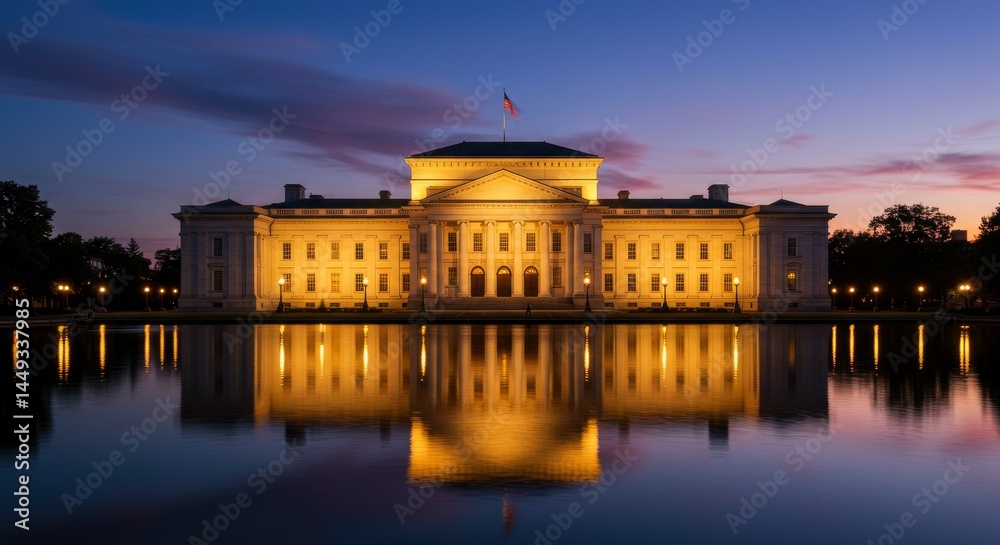 Obraz premium Majestic Palace at Twilight - A grand palace illuminated at dusk, reflecting beautifully in a calm body of water. Serene and elegant