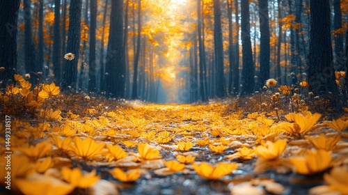 Golden autumnal path through a mystical forest.