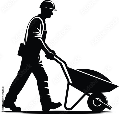 Construction Worker Pushing a Wheelbarrow silhouette Vector Illustration isolated on a white background