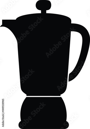 Simple black silhouette highlights classic stovetop Moka coffee maker design on a white background