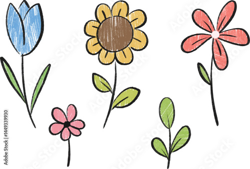 cute children crayon pencil drawing of flowers and leaves. collection of floral doodle hand drawn kid art isolated on white background